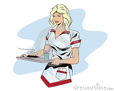 Girl waitress with a tray. Vector Illustration