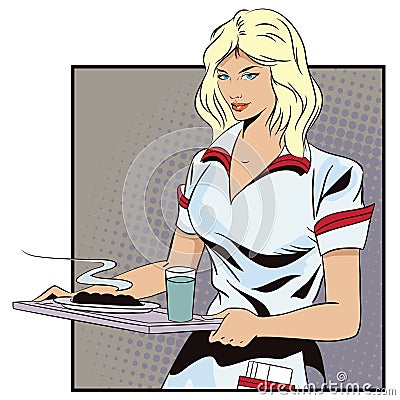 Girl waitress with a tray. Vector Illustration