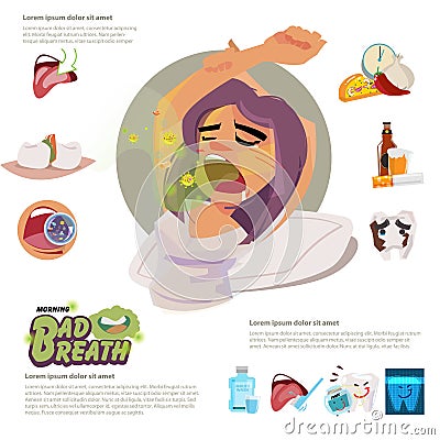 Girl waking up with bad breath in the morning. infographaphic elements with typographic - Cartoon Illustration