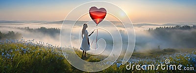 The girl walked in the Don't Forget Me flower field, looking at the heart-shaped balloon ahead Stock Photo