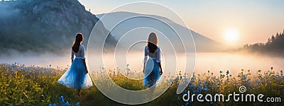 The girl walked in the Don't Forget Me flower field, looking at the heart-shaped balloon ahead Stock Photo