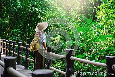 The Girl walking in the bridge and enjoying the tourism in through the mangrove forest. Waterfall Than Bok Khorani Nature Trail. Stock Photo