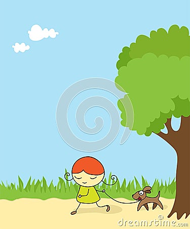 Girl walking dog Vector Illustration