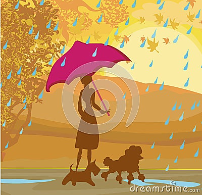 Girl walking with her dogs in autumn Vector Illustration