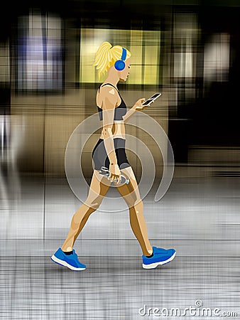 Girl walking listening to music and looking at cellphone. Technology and sport. Outdoor activities, fitness. Stock Photo