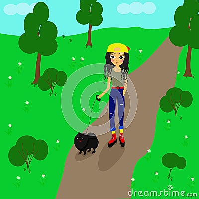 girl walking with a little black dog - vector illustration, eps Vector Illustration