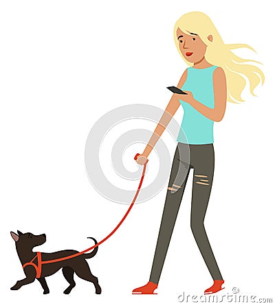 Girl walking with puppy. Funny cartoon dog owner Vector Illustration