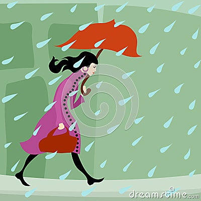 Girl walking in rain Vector Illustration