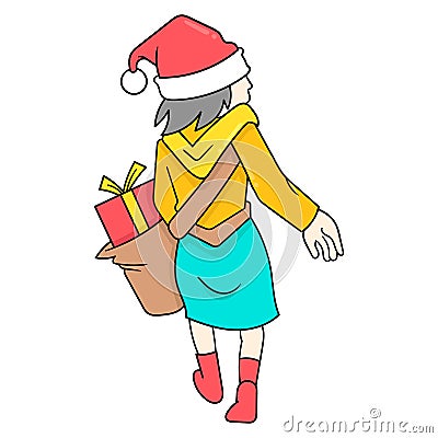 Girl is walking shopping on christmas, doodle icon image kawaii Vector Illustration