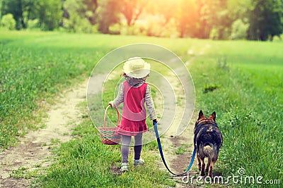 Girl walks with a dog on a rural road Stock Photo