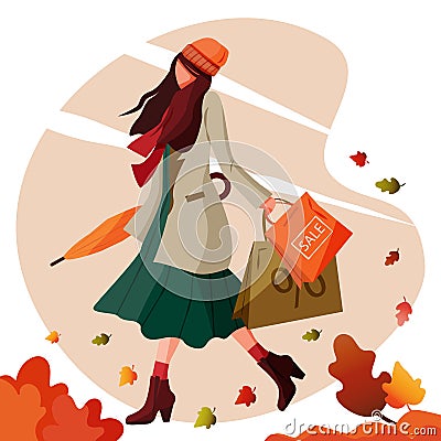 Girl walks holding shopping bags and closed umbrella in autumn windy weather Stock Photo