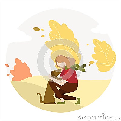 Girl walks in the park in autumn with a dog. Vector Illustration