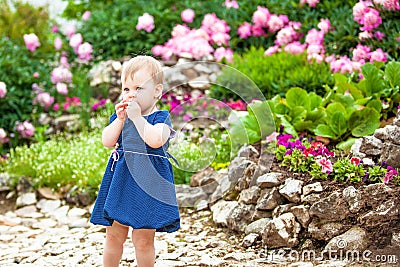 Girl walks in the Park with flower beds Stock Photo