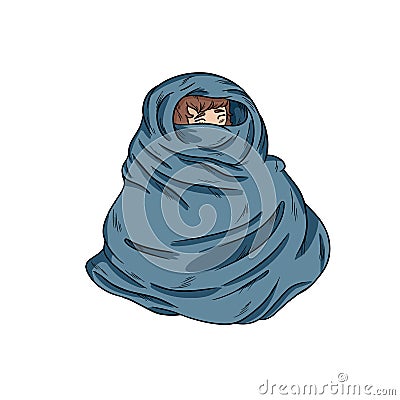 Girl in warm cozy blanket. Vector hand-drawn illustration Vector Illustration