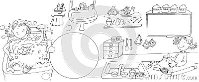 Girl washes in bath tub, little girl in the kitchen preparing a cake,Chine drawn by color Cartoon Illustration