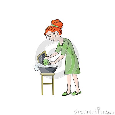 Girl washes clothes. Vector color illustration Vector Illustration
