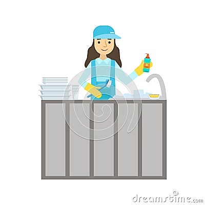 Girl Washing Dishes In The Tap, Cleaning Service Professional Cleaner In Uniform Cleaning In The Household Vector Illustration