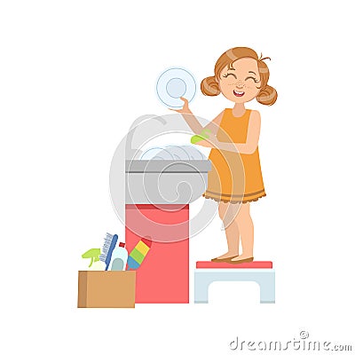 Girl Washing The Dishes In Tap Vector Illustration