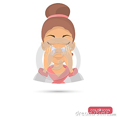Girl washing her face with facial foam color icon for web and mobile design Vector Illustration