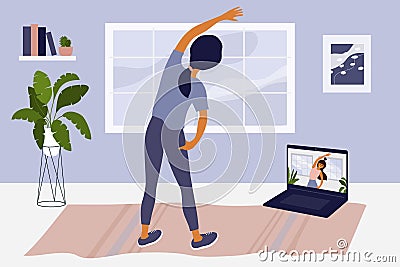 Girl watching online classes on laptop and doing workout at home Vector Illustration
