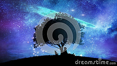 Girl watching the stars in night sky fantasy landscape Cartoon Illustration