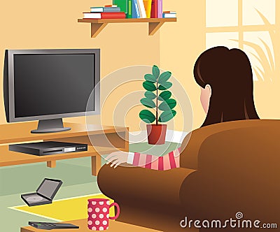 Girl watching tv in living room Vector Illustration