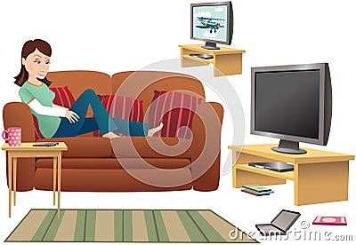 Girl watching TV on sofa Vector Illustration