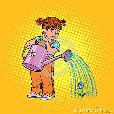 Girl watering can watering a flower Vector Illustration