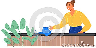 Girl with watering can takes care of nature. Lady engaged in gardening and caring for houseplants Vector Illustration