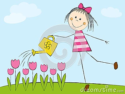 Girl watering flowers Stock Photo