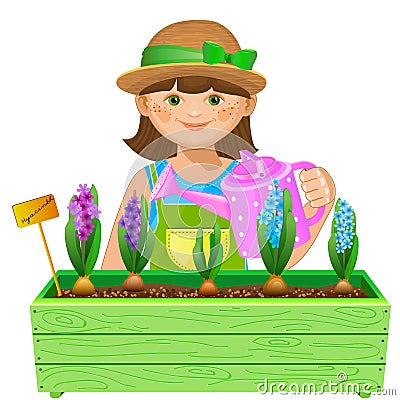 Girl watering flowers Vector Illustration