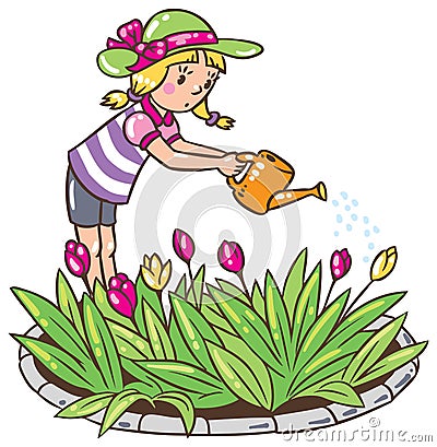 Girl watering the flowers Cartoon Illustration