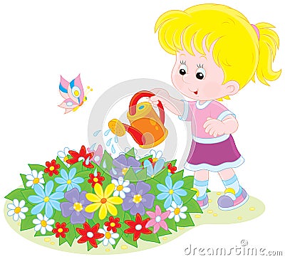 Girl watering flowers Vector Illustration