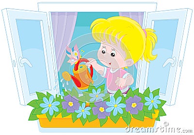 Girl watering flowers Vector Illustration