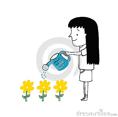 Girl watering flowers Vector Illustration