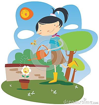 Girl watering flowes Vector Illustration