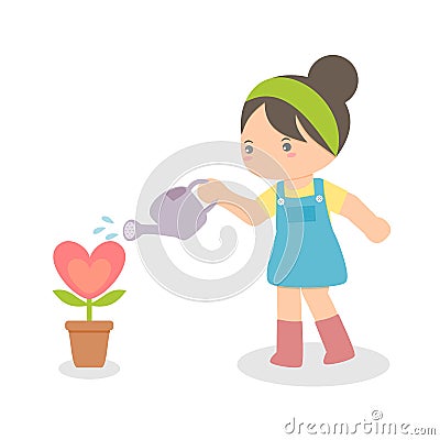 Girl Watering Heart Plant Vector Illustration