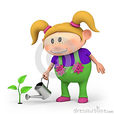 Girl watering sprout Cartoon Illustration