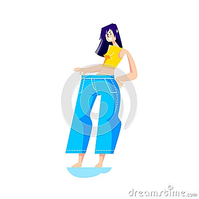 Girl wearing big jeans after weight loss. Slim cartoon female in oversize pants Vector Illustration