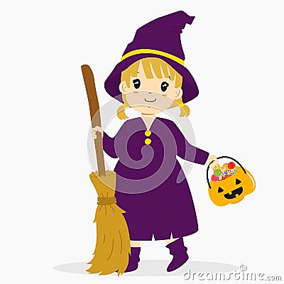 Girl Wearing Halloween Witch Costume Cartoon Vector Vector Illustration