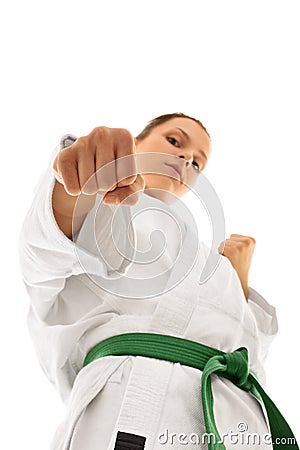 Girl wearing kimono in combat stance Stock Photo