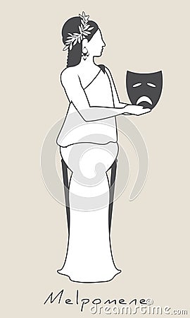 Girl wearing laurel wreath, dressed in ancient Greek style, holding a theatrical mask of tragedy. Greek mythology. Muse Melpomene Vector Illustration