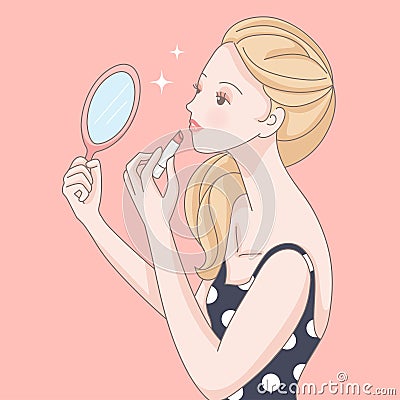 A girl wearing a polka dot dress with her favorite lipstick Cartoon Illustration