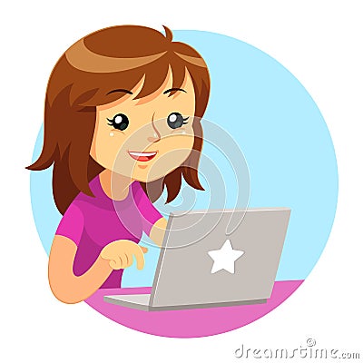 Girl Wearing Purple Shirt Using Grey Laptop Vector Illustration