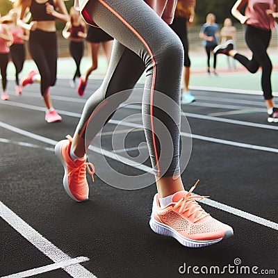 girl wearing sport shoe runs on track race in the public park Stock Photo