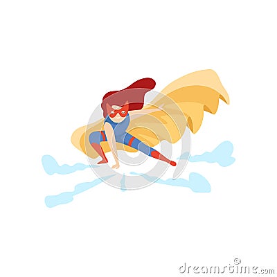 Girl Wearing Superhero Costume, Cute Super Child Character in Red Mask and Golden Cape Vector Illustration Vector Illustration