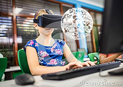 Girl wearing VR Virtual Reality Headset with Interface Stock Photo