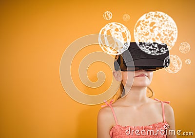 Girl wearing VR Virtual Reality Headset with Interface Orbs Stock Photo