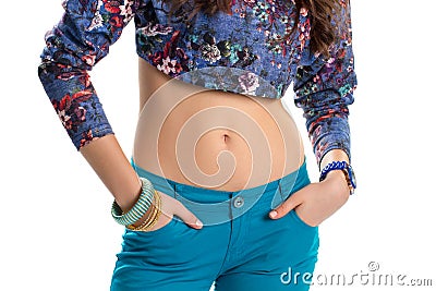 Girl wears floral crop top. Stock Photo