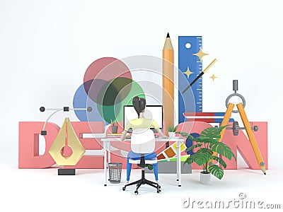 Girl web designer in a working environment. 3d icons and graphic design elements on a white background. Concept Stock Photo